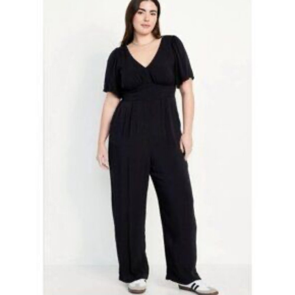 Old‎ Navy Black Fit & Flare Flutter Sleeve Crepe Jumpsuit Pull On Women's Sz 2X